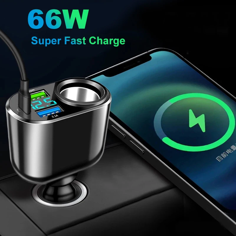 

66w QC3.0 3USB+PD Car Charger PD Type C Fast Charging Car Mounted Cigarette Lighter For iPhone Xiaomi Samsung Huawei