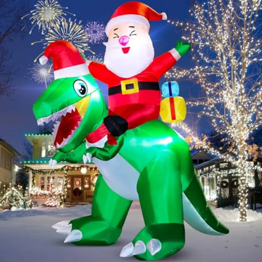 

Outdoor Christmas inflatable Santa on dinosaur, 8FT, PVC material, red and green, built-in LED lights for lawn and party decora