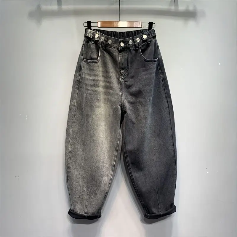 Imagem -02 - Jeans Largos de Cintura Alta Feminino Combinando Cores Denim Extragrande Calça na Altura do Tornozelo Elástico Solto na Cintura Streetwear Vintage Outono