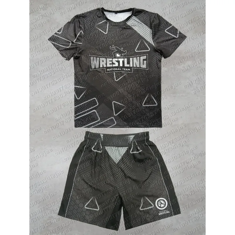 2026 New Men Kid World Wrestling Team Sportswear Set Short Sleeve T Shirt and Shorts for Workout Lightweight Moisture Wicking