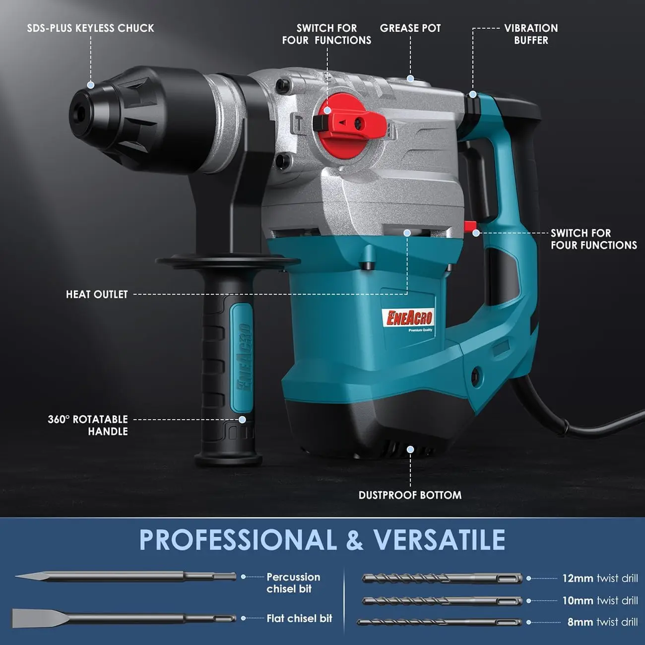 1-1/4 Inch SDS-Plus 13 Amp Heavy Duty Rotary Hammer Drill, Safety Clutch 4 Functions with Vibration Control Including Grease, Ch