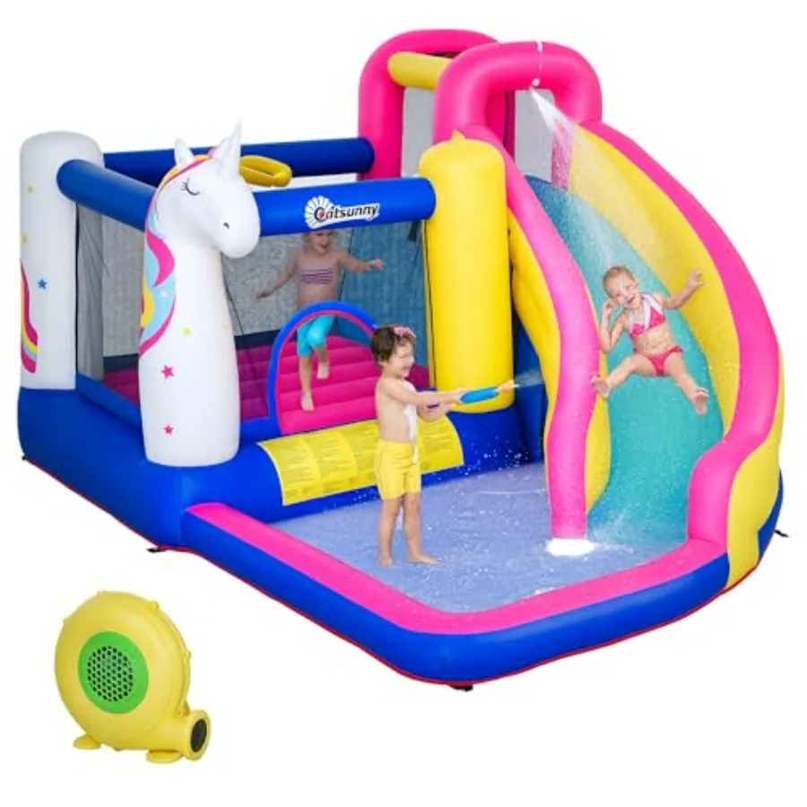 Inflatable Water Slide Bounce House for outdoor play, PVC material, pastel pink and purple, unicorn-themed with trampoline, cli