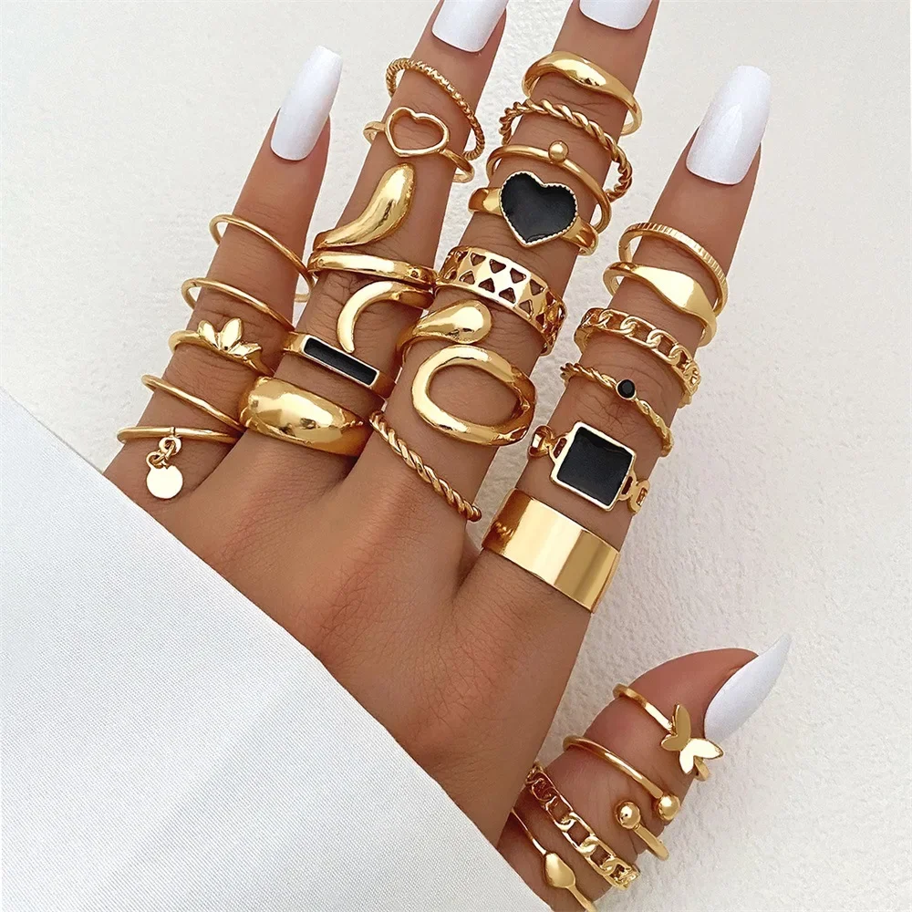 27 Uds. Conjunto de anillos chapados en oro con forma de corazón, serpiente y mariposa para mujer, anillo de dedo hueco geométrico de Metal, joyería, regalo de Navidad y Año Nuevo