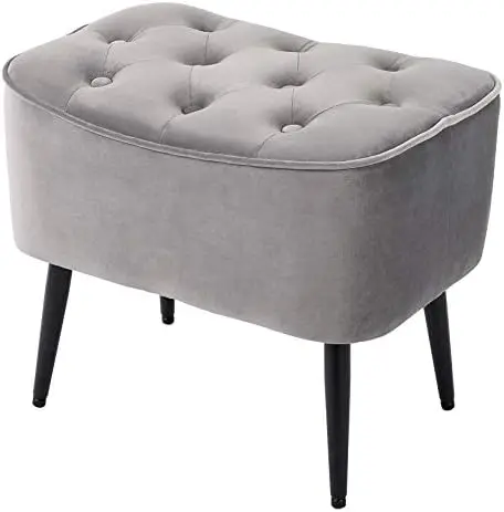 BIRDROCK Tufted Curve Grey Ottoman \u2013 Velvet Foot Stool \u2013 Mid Century Steel Legs - Soft Compact Padded Stool - Living