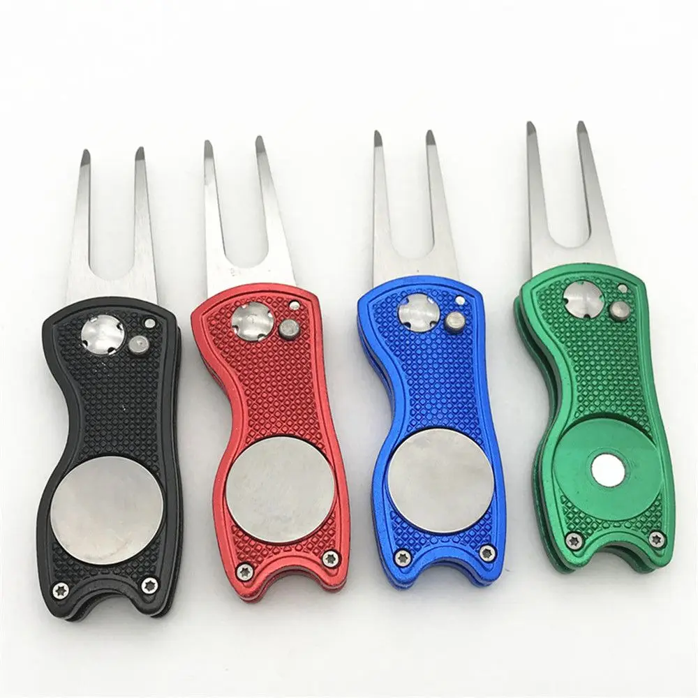 Stainless Steel Golf Divot Repair Switchblade Tool Pitch Groove Cleaner Magnetic Golf Pitchfork Putting Green Fork Golf Training