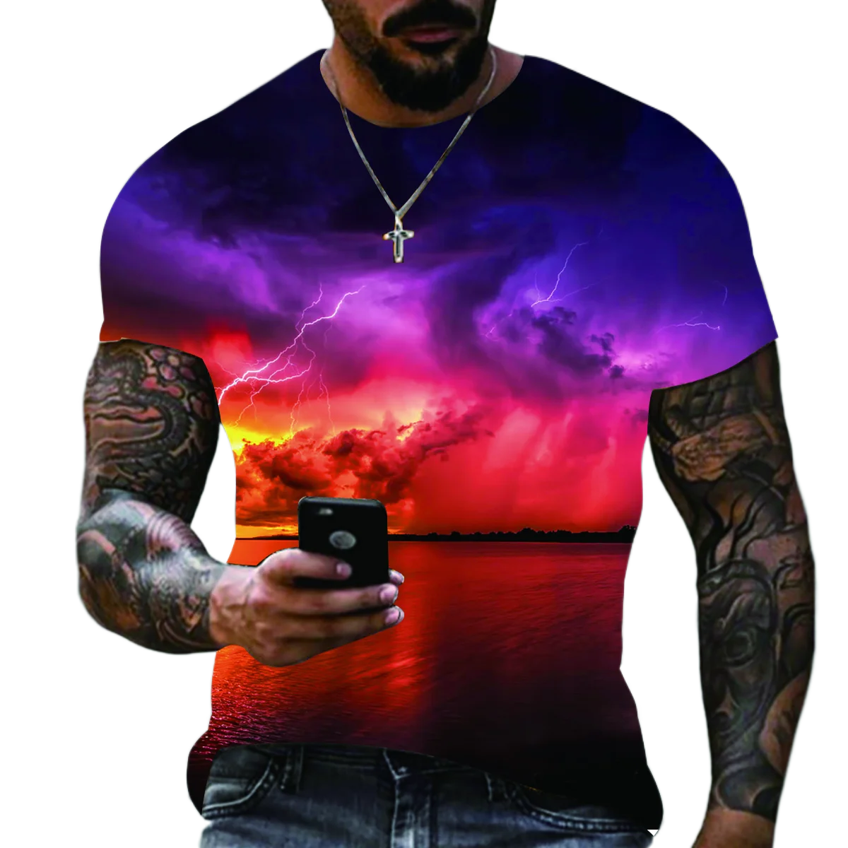 2023 Summer New Men's Oversized T-Shirt Casual Lightning Cool 3D Digital Printed T Shirts