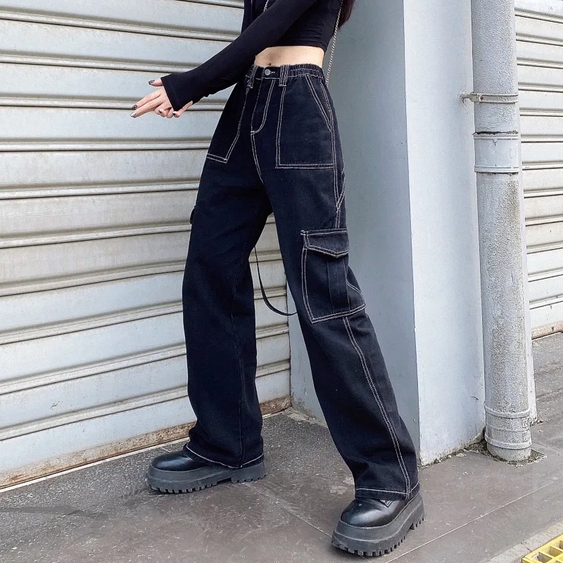 High Waist Jeans for Women Autumn Denims Multi Pockets Distressed Casual Trousers Female Cargo Wide Leg Pants Denim Streetwear