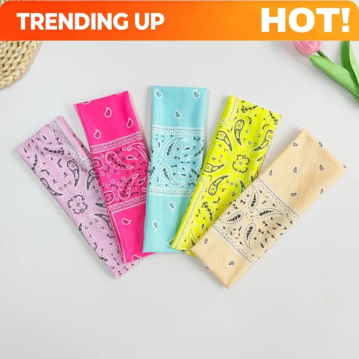 Customization 5pcs New Colorful Paisley Cashew Pattern Yoga Elastic Sport Headband, Soft Breathable Sweat-Absorbent High Elastic