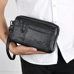 Bolso de mano de cuero para hombre, Cartera de piel de vaca, soporte para muñeca, Paquete de Negocios, teléfono móvil, tarjeta de efectivo