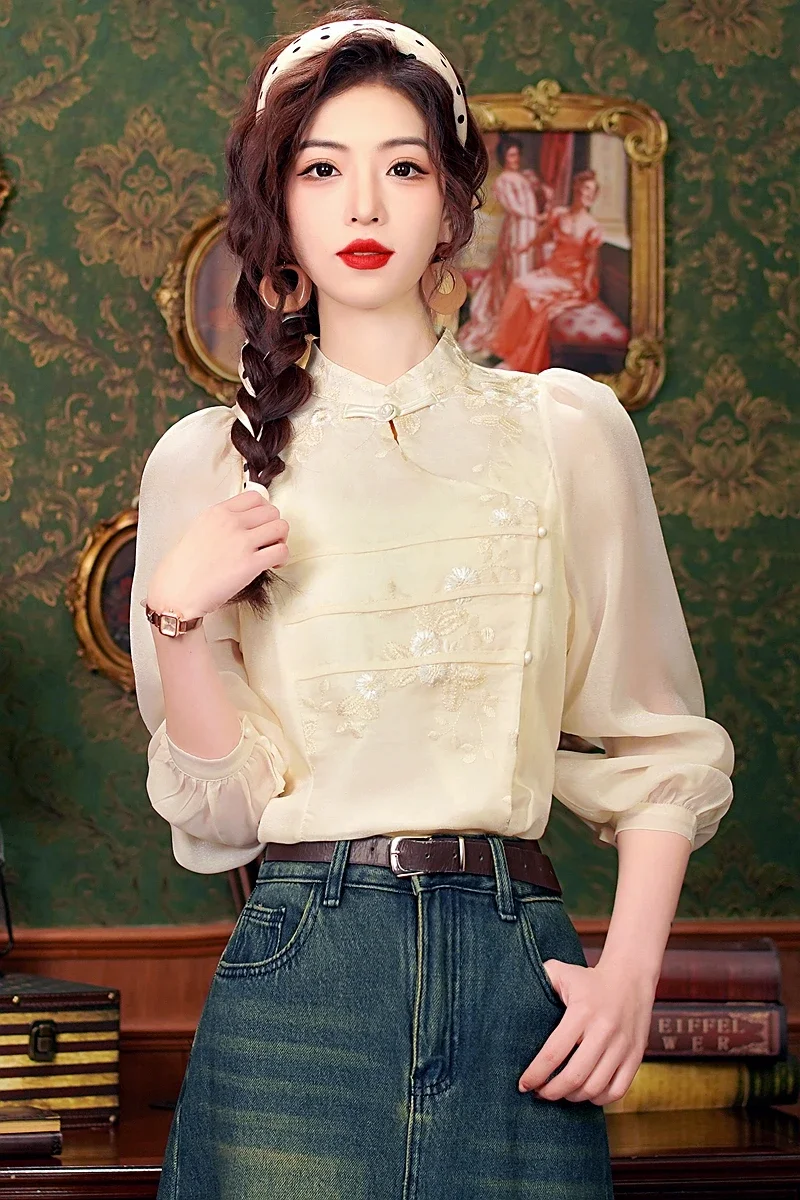 Fashion Chinese Style Embroidery Chiffon Women Blouse Shirt Tops Blusas Mujer De Moda 2024 Long Sleeve Blouse Women Blusa H518