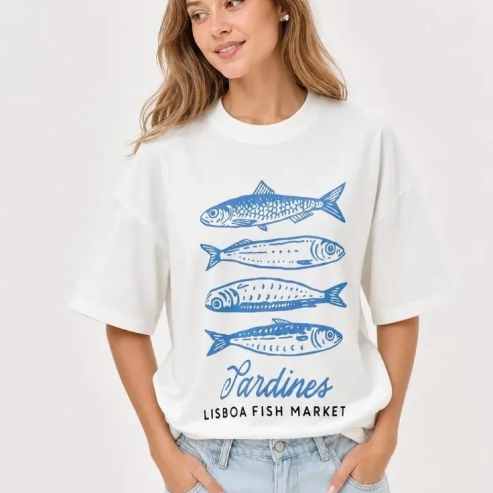 Casual Cotton T Shirt Summer Loose Fit Ocean Fish Print Short Sleeve Round Neck Breathable Soft Trendy Stylish Tee