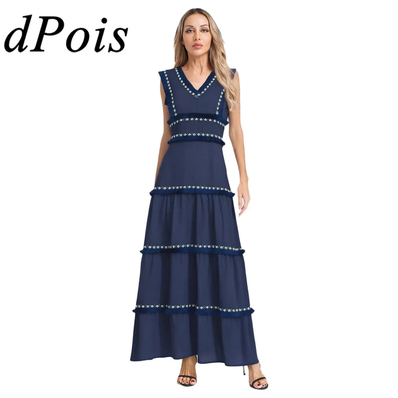 Womens Boho Sundress Tiered Dress V Neck Vestidos A-line Tank Dress for Vacation Women Beach Dress Sleeveless Female Dresses
