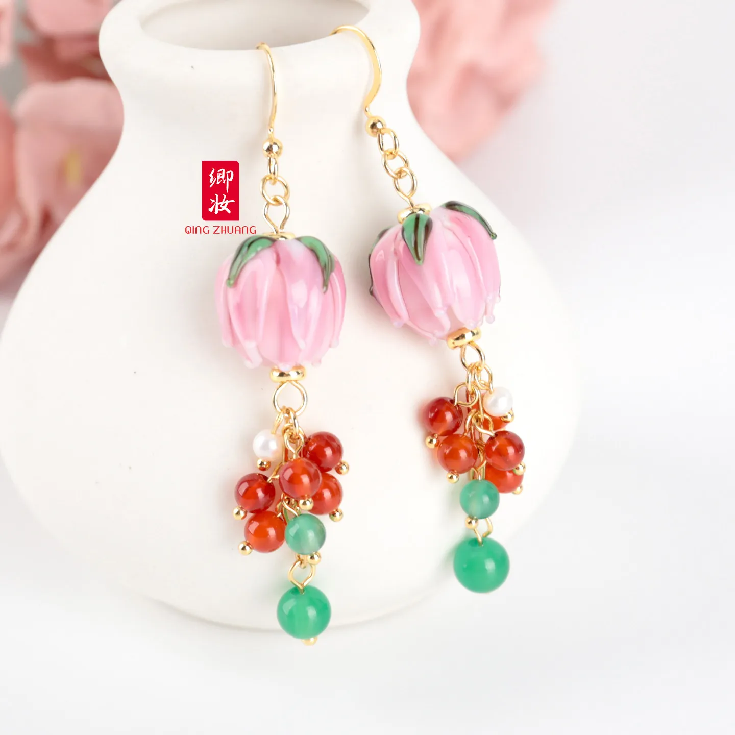 Chinese Style Handmade Glaze Flower Dangle Earrings Red Green Agate 18k Gold Plated Ear Hooks Elegant Hanfu Jewelry Ideal Gift