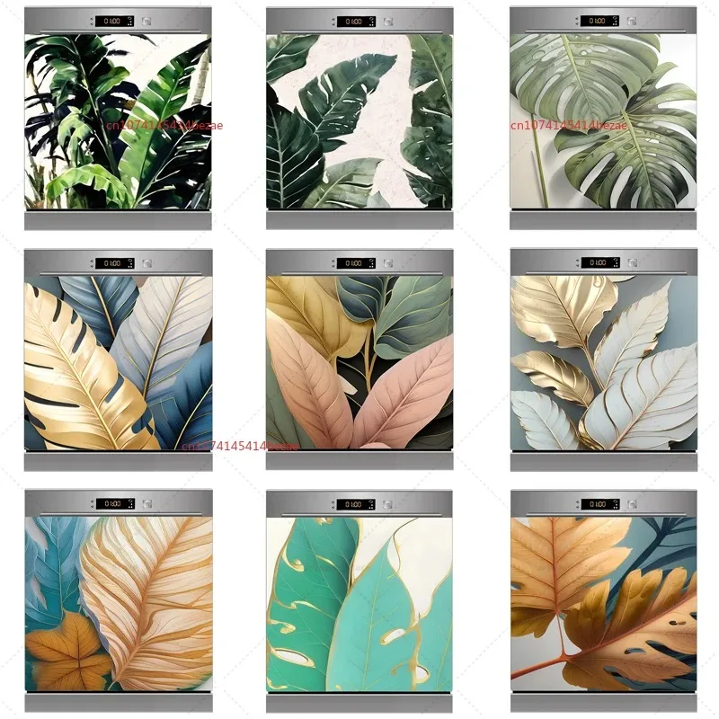 

Luxury Gold Green Leaf Door Stickers Waterproof Peel and Stick Removable Tropical Plant Wrap for Kitchen Home Cabinets Crafts