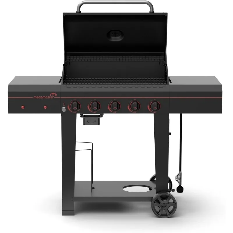 Megamaster 720-0982 5 Burner Propane Barbecue Gas Grill for Outdoor Cooking, Patio, Garden Barbecue Grill, 50000 BTUs, Black