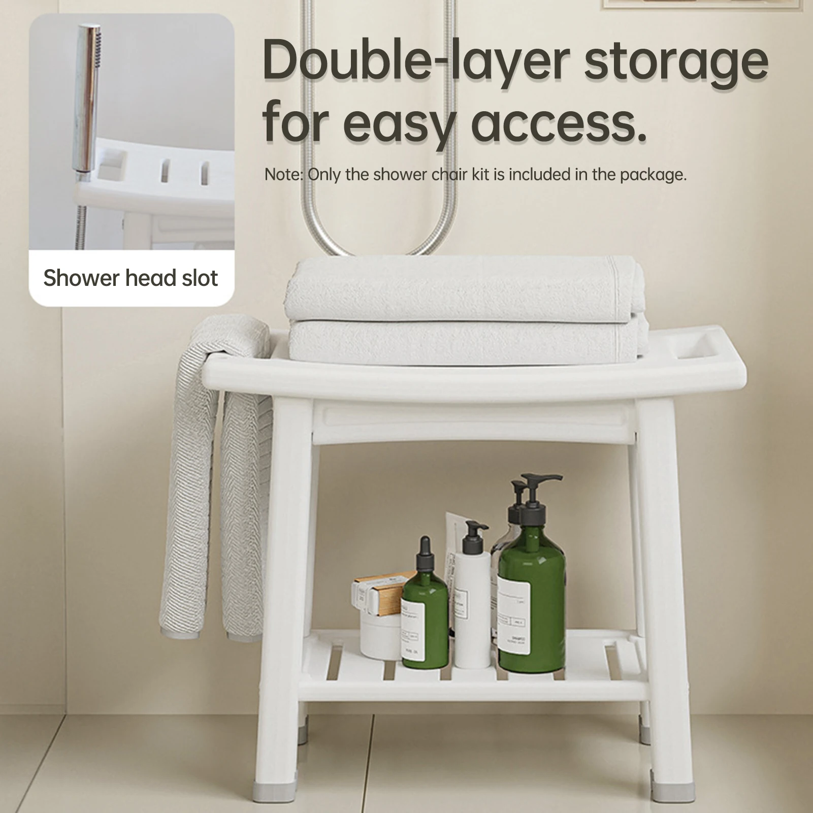 

HDPS Shower Benches Durable Shower Chair 2-tier Storage Spaces and Dual Handles Waterproof Stool with Non-slip Pads for Bathroom