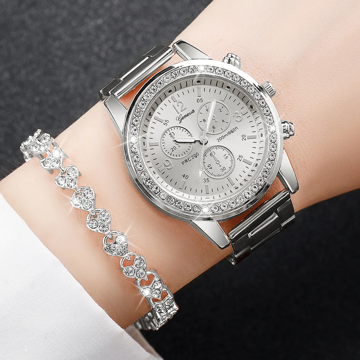 6PCS/Set Women's Fashion Watch Set Exquisite Diamond Inlaid Dial Stainless Steel Quartz Watch+Heart Diamond Bracelet