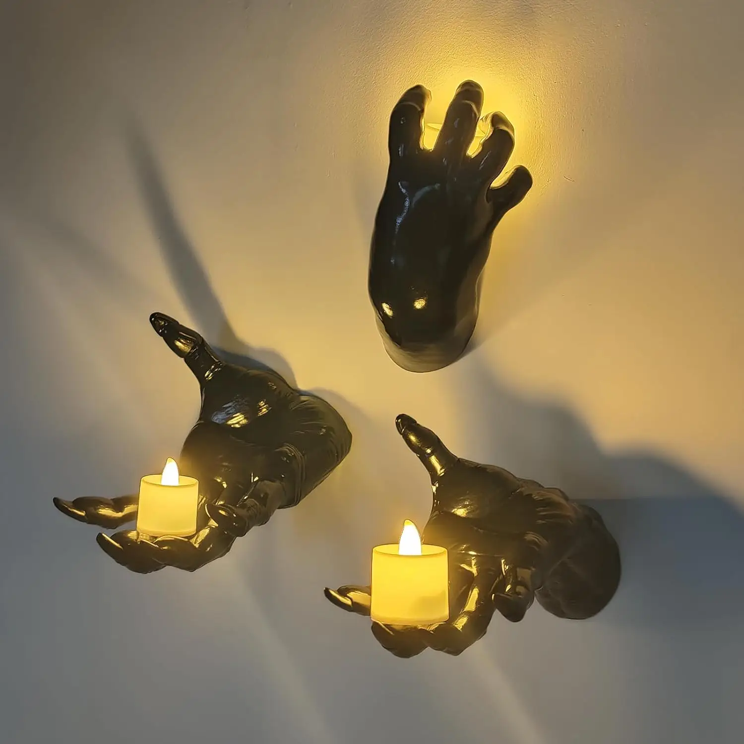 3 Packs Of Wall Mounted Creepy Hands With Lit Candles Life Size Horror Hands For Scary Gothic Wall Decorations