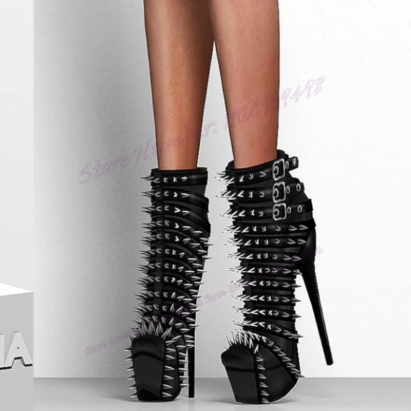 Black Rivet Platform Ankle Boots Strappy Buckle Shoes for Women Stilettos High Heels Punk Sexy Shoes 2023 Zapatos Para Mujere