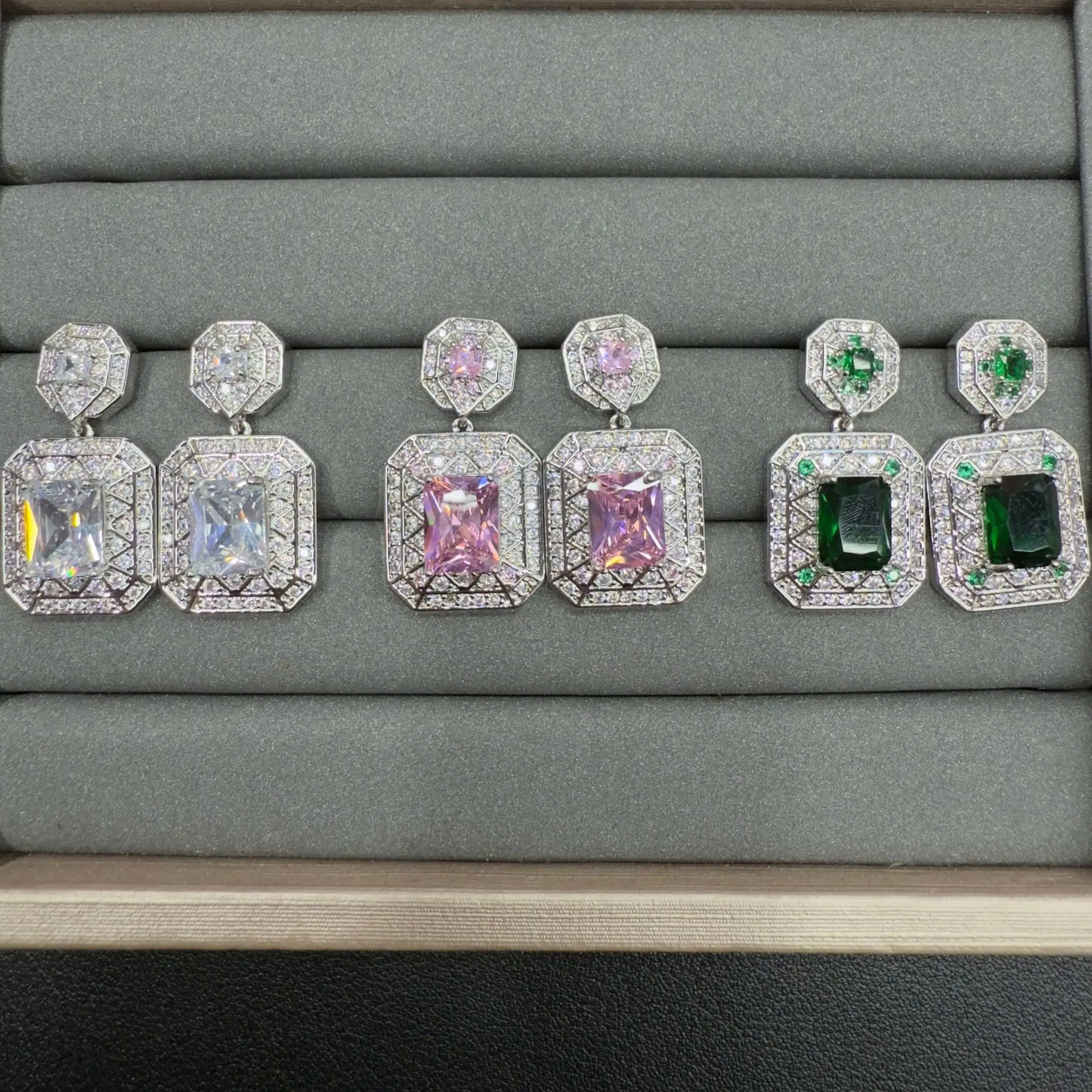 pink green white zircon earrings for women cute jewelry silver color square block dangling earrings female gift
