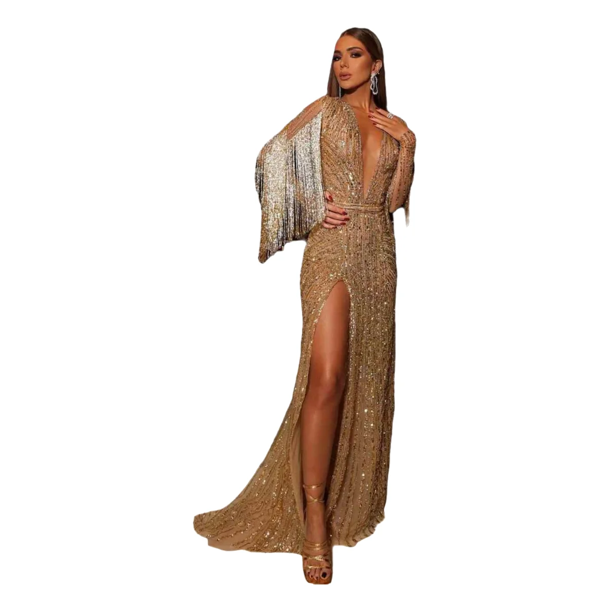 Luxe avondjurken zeemeermin v-hals strass kristallen kralen hoge split prom toga feestjurk vestido de noite aangepast - afbeelding 2