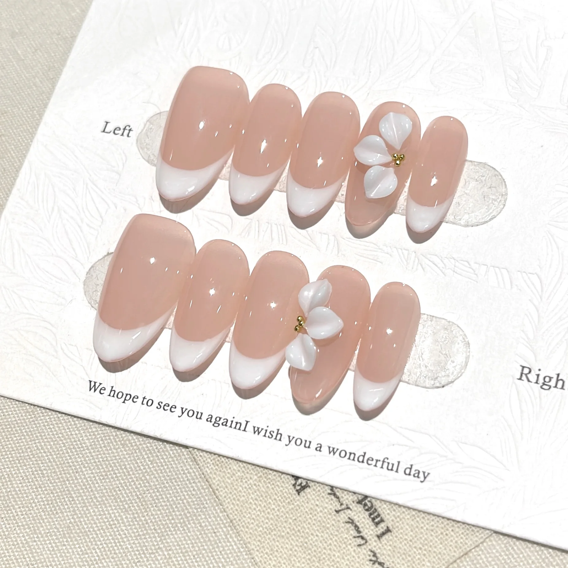 10PCS Original Handcrafted Nude French Press On Nails, 3D White Flower Fake Nails For Women Nail Art