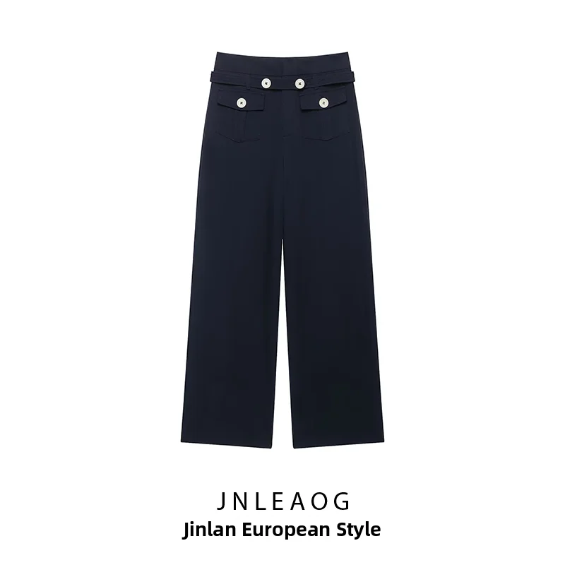 JNLEAOG Autumn New Women's Fashion Straight Leg Pants Button Color Block Design Elegant Versatile Polyester Casual Trousers