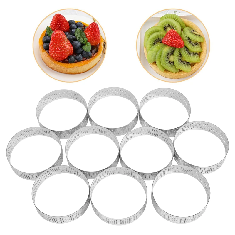 A46T 10Pcs Circular Tart Rings with Holes Stainless Steel Fruit Pie Quiches Cake Mousse Mold Kitchen Baking Mould 7cm