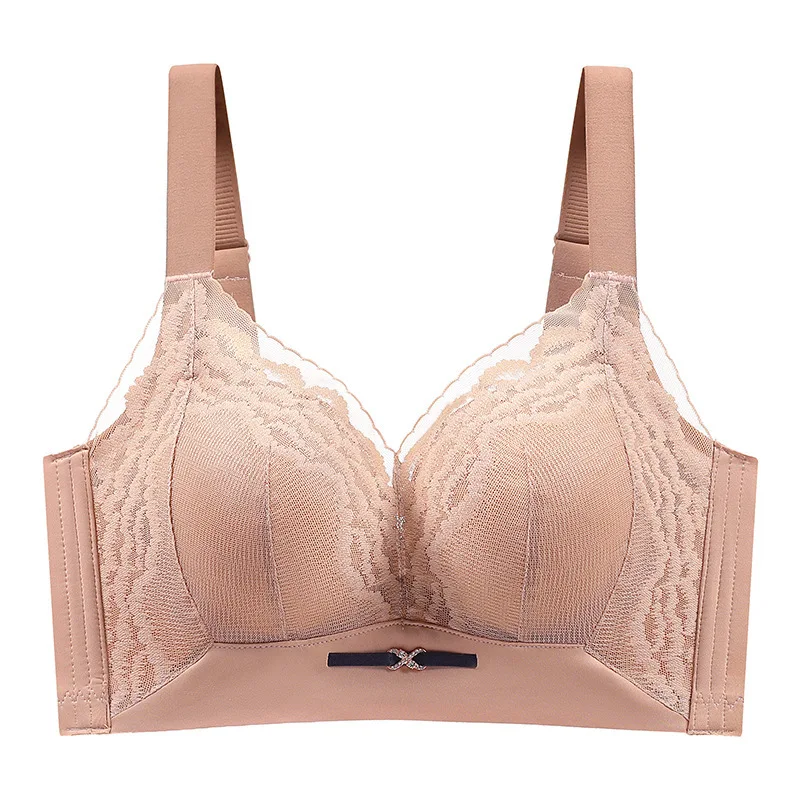 

Sweet Breast Gather Underwear for Women Solid Lace Anti Sagging Wire Free Bra Breathable Wide Shoulder Strap Intimates Wholesale