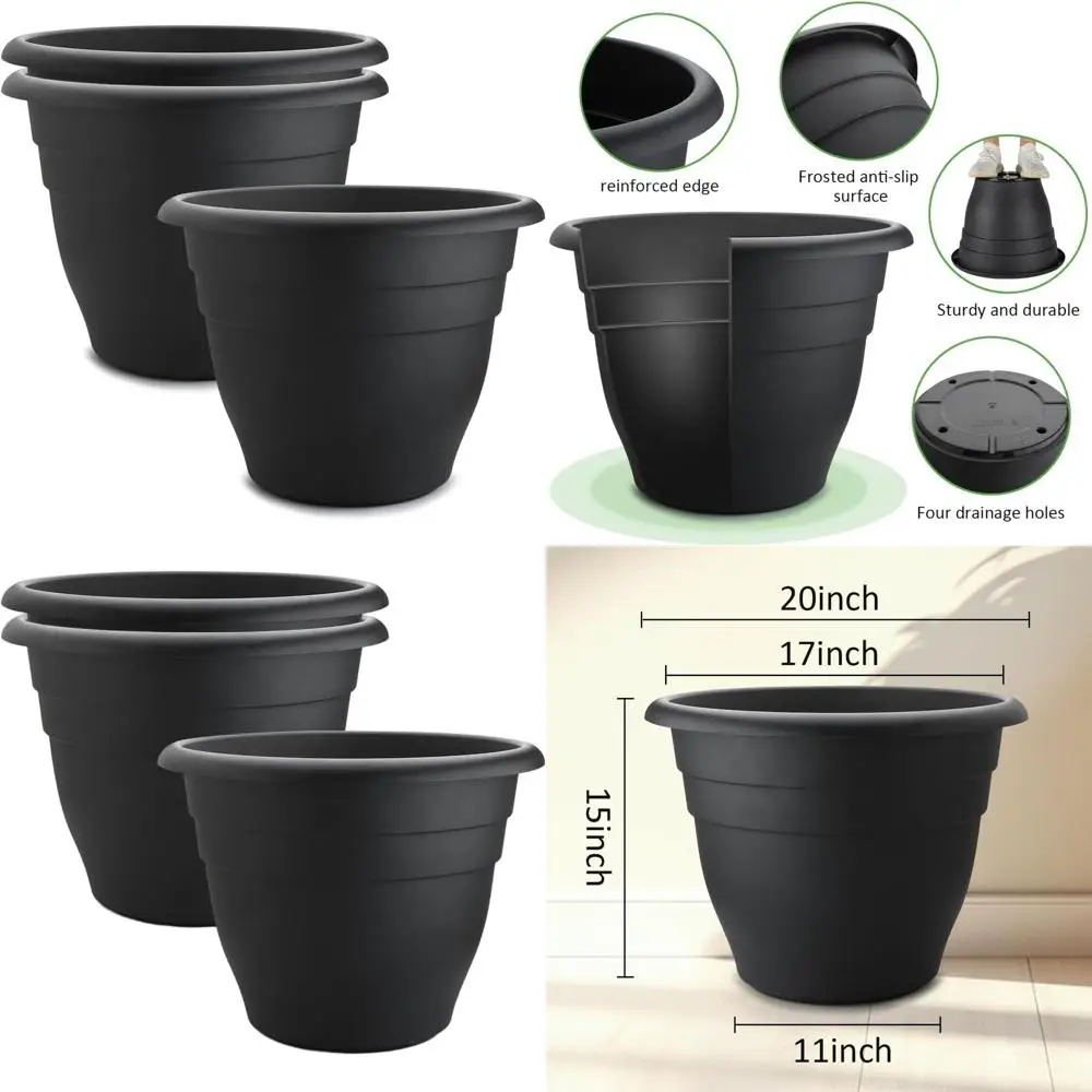 

20-дюймовые большие пластиковые горшки для растений - прочные, глубокие садовые кашпо с дренажем для использования на открытом воздухе
