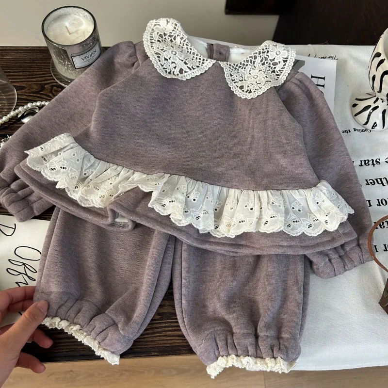 

Children Girl 2piece Set Lace Collar Patchwork Thick Warm Infant Baby Girl Sweatshirt+Toddler Girl Jogger Pant Winter Suit