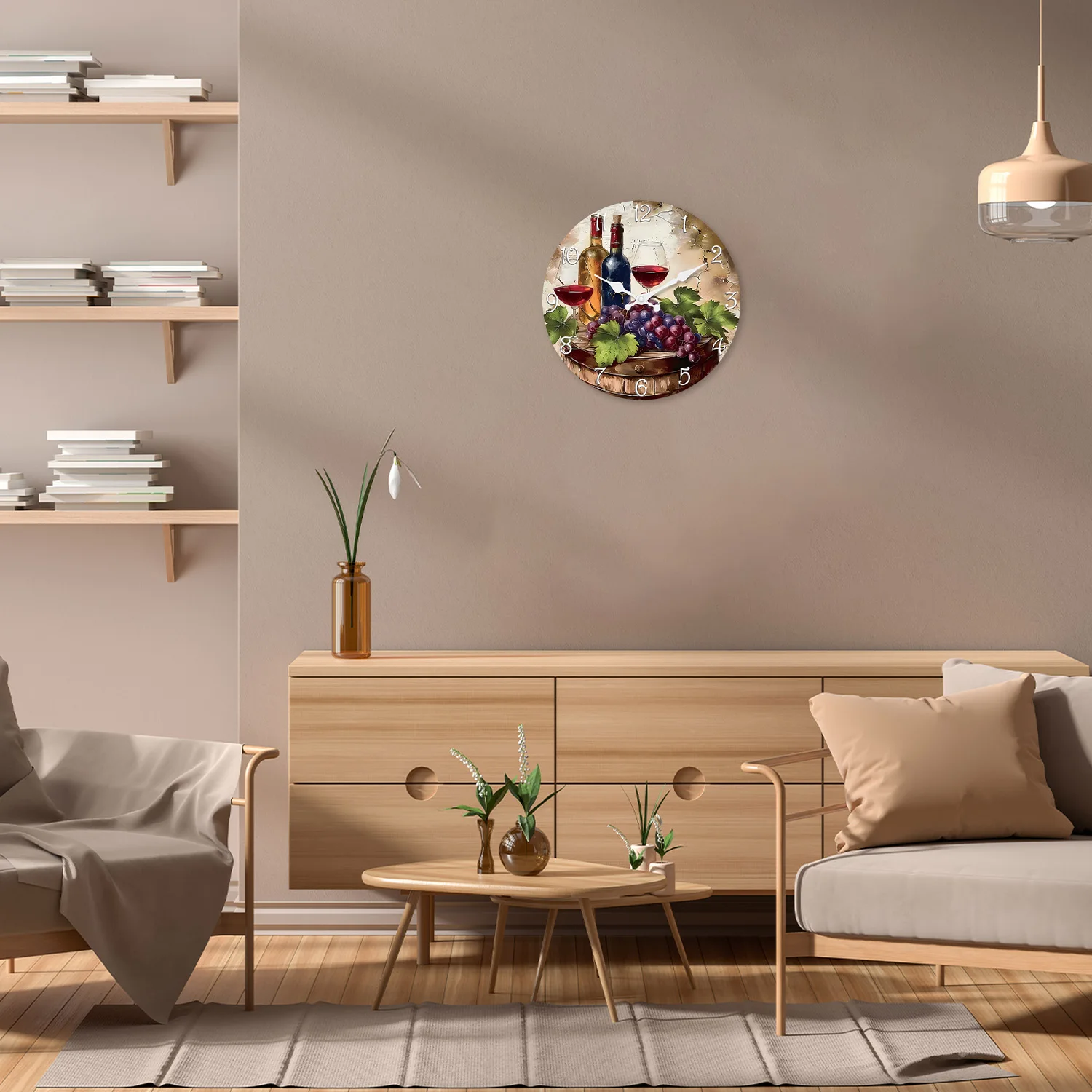 Vintage Elegant Wine Pattern Wooden Wall Clock Living Room Bedroom Kitchen Home Decor Silent Quartz Clock Holiday Gift 10-Inch 12-Inch 14inch 16inch