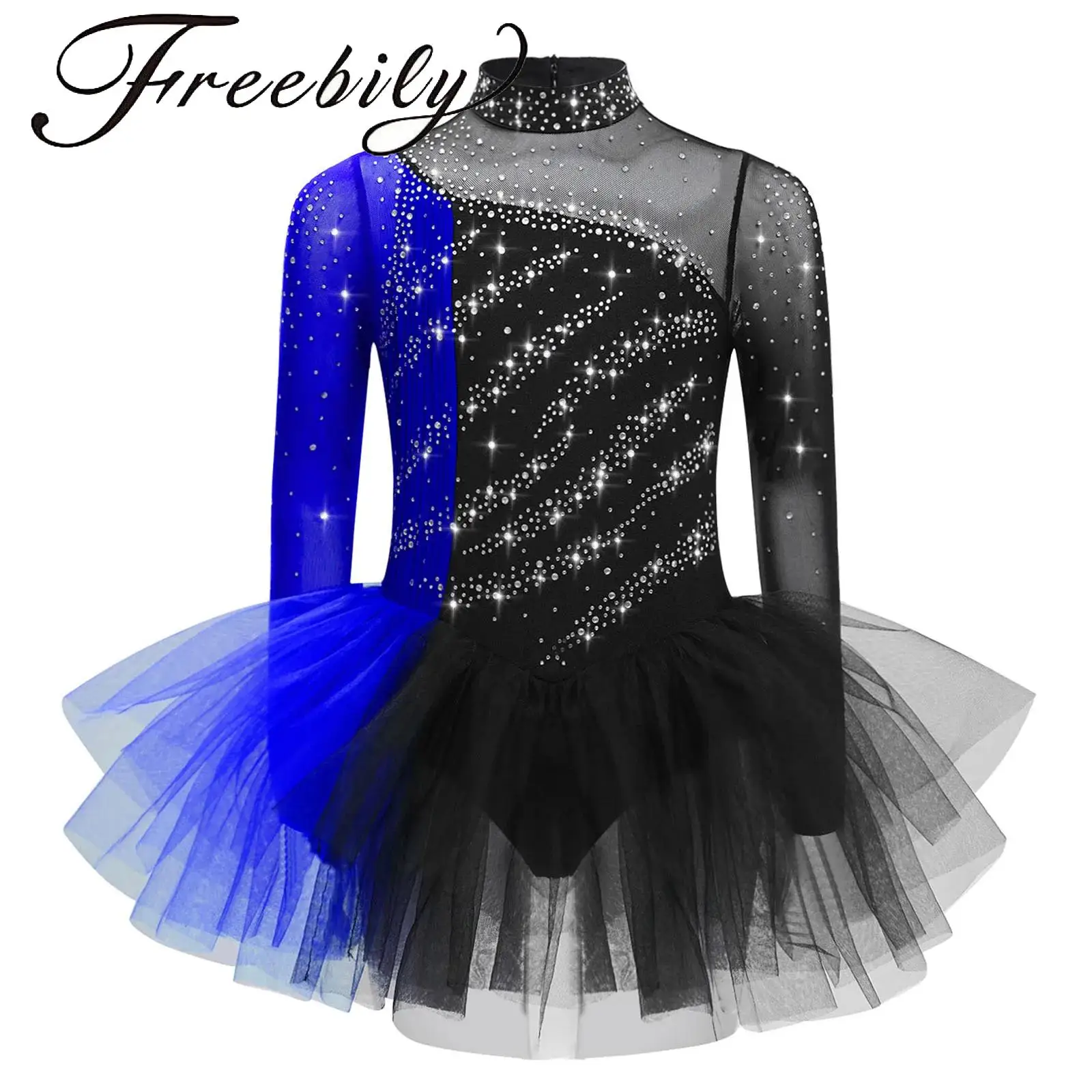 

Girls Figure Skating Dance Dress Ballet Gymnastic Leotard Dress Long Sleeves Rhinestones Color Block Mesh Tulle Dresses