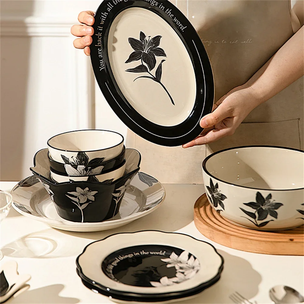 Vintage Black Ceramic Tableware Household Kitchen Supplies Western Afternoon Tea Dish Fish Plate Soup Bowl Printed Tableware Set