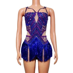 Sparkly Blue Rhinestones Tassels Bodysuit Women Sexy Performance Dance Costume Singer Dancer Show Stage Wear Nightclub Outfit