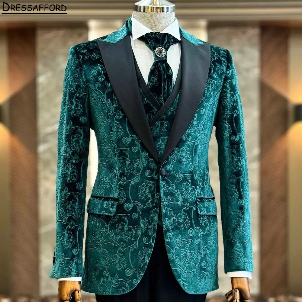 Emerald Green Jacquard Men Suits For Wedding Groom Tuxedos 3 Pieces Jacket Vest Pants Prom Blazers Customized