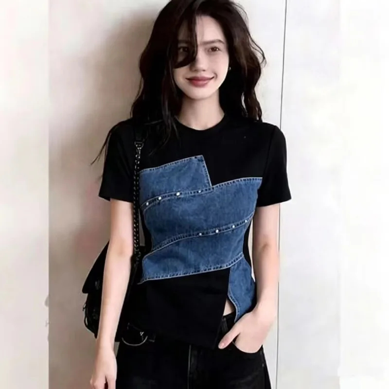 Skinny Denim Spliced Top Women's 2026 Summer New Small Man Unique Beautiful and Good-looking Short-sleeved T-shirt