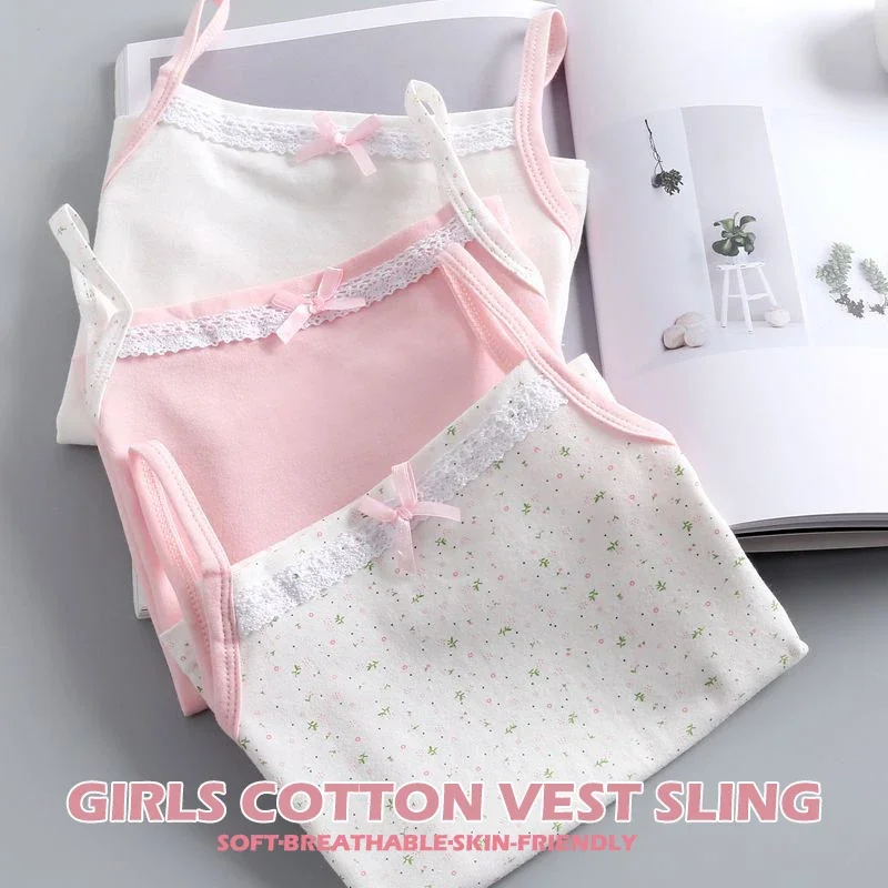 Summer Girls Tank Top Solid Color Floral Cotton Kids Underwear Girls Casual Strappy Camisoles Tops Bow Tie Square Collar Ages3-8