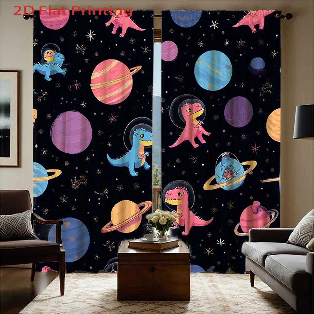 2pcs Cute Dinosaur Space Print Curtains - 2D Flat Printing, Rod Pocket Design, Semi-Transparent Flannel Fabric, Vibrant Cartoon