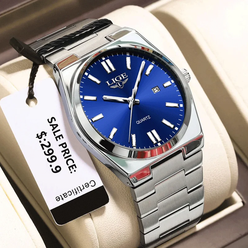 LIGE Fashion Business Brand Original Men Watches Steel Strap Trend Date Calendar Quartz Watch Luminous Waterproof Blue Clock