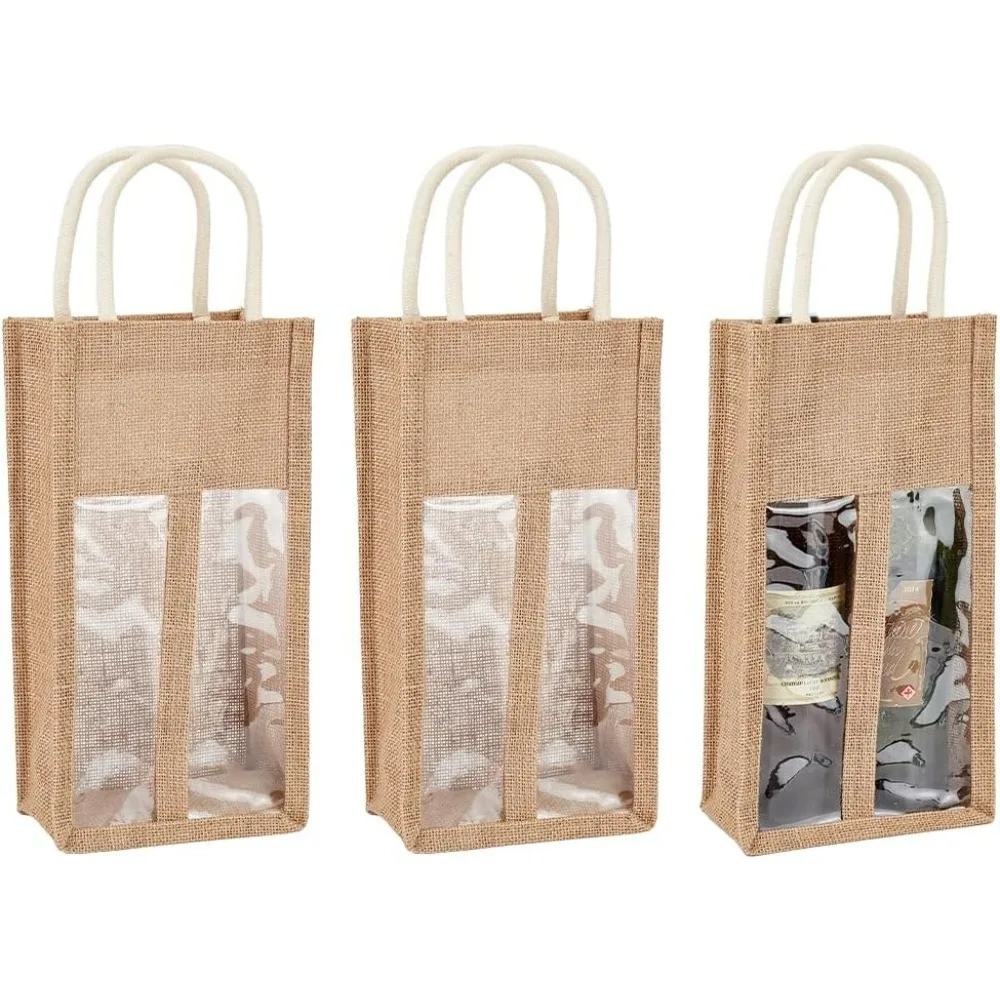

3 Packs Burlap Wine Bottle Bag Jute Wine Tote Gift Bag with 2 Clear Window and Handle for Wedding Birthday Festivals Souvenir