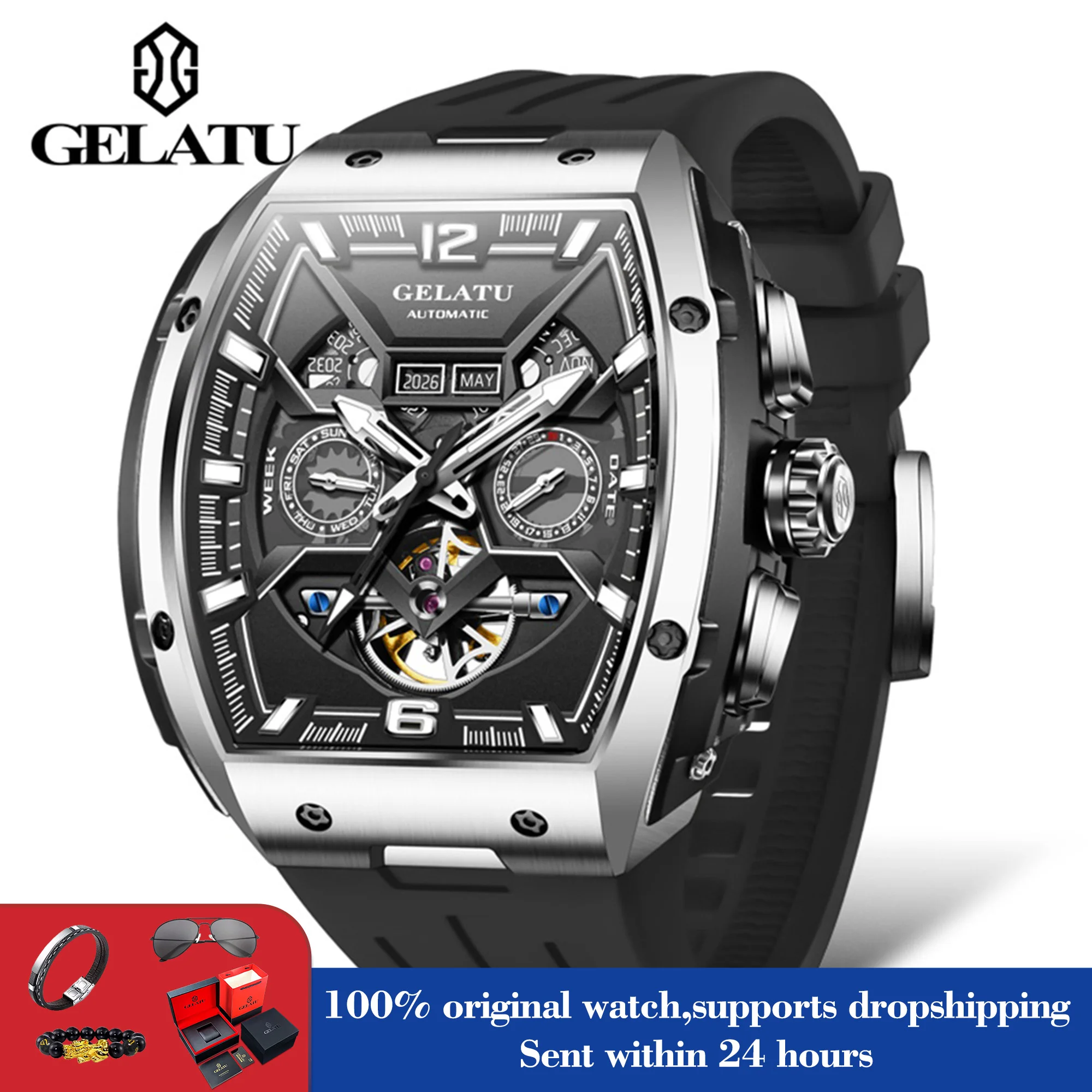 

GELATU 6013, механические часы для мужчин, модные оригинальные полые деловые часы с большим циферблатом, водонепроницаемые светящиеся часы с автоматической датой