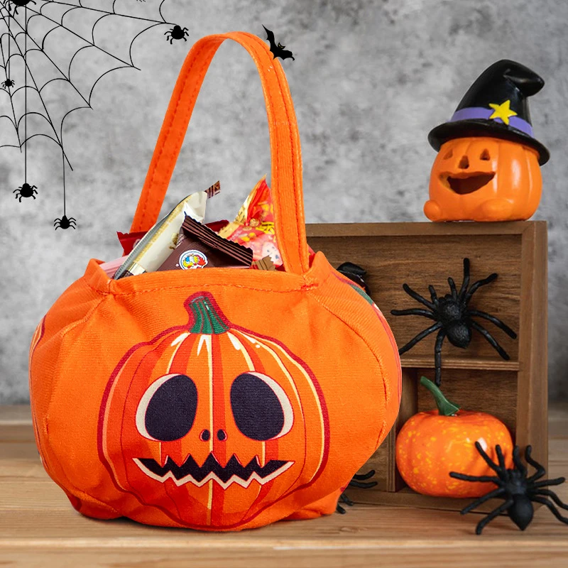 Tas kain permen Halloween tas hadiah anak-anak labu oranye tas Tote kain tebal tas tangan tas hadiah trik Halloween atau suguhan