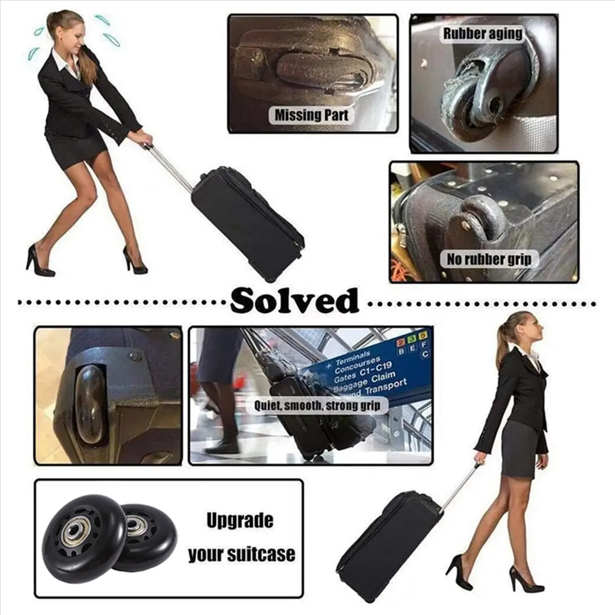 ABQR 60x18mm Set of 2 Luggage Suitcase Replacement Wheels,PU Swivel Caster Wheels Carbon Steel Bearings Repair Kits