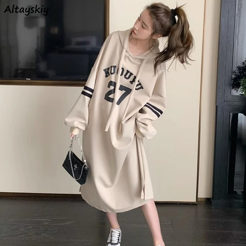 Hooded Midi Dresses Women Letter Casual Straight Loose Personality Japanese Style Y2k Simple Girls Fashion All-match Streetwear