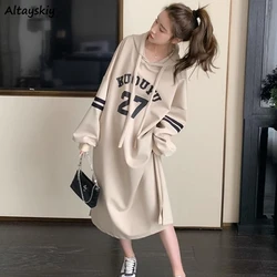 Hooded Midi Dresses Women Letter Casual Straight Loose Personality Japanese Style Y2k Simple Girls Fashion All-match Streetwear
