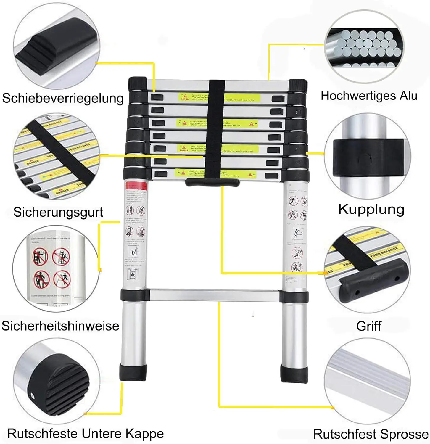 Удлинительная лестница 2,6 м, алюминиевая складная стремянка, выдвижная телескопическая лестница 8,5 футов, емкость 150 кг, EN131, стандарт безопасности CE