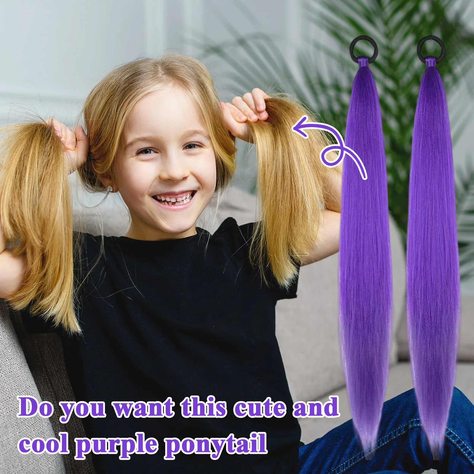 Extensión de cola de caballo sintética con lazo elástico, banda para el cabello de 26 ", cola de caballo de colores largos y rectos, accesorios de Cosplay para Halloween, 2 uds.