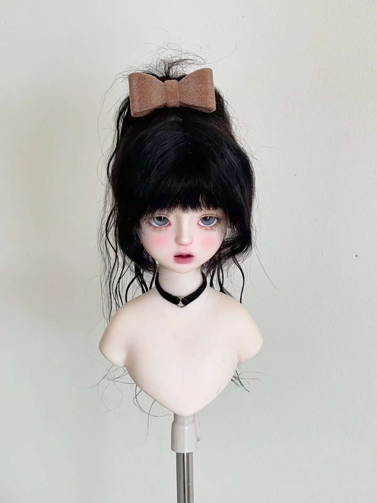 Clean Style Curly Black High Ponytail Bangs Wig,1/4 1/6 Girl BJD Doll Hair Free Shipping