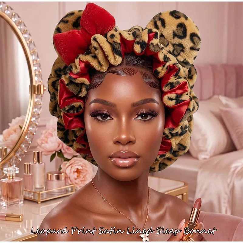 Leopard Print Soft Hair Drying Cap Bonnet with Bow Absorbent Microfiber Drying Dry Hair Towel Lined Soft Fluffy Night Sleep Cap
